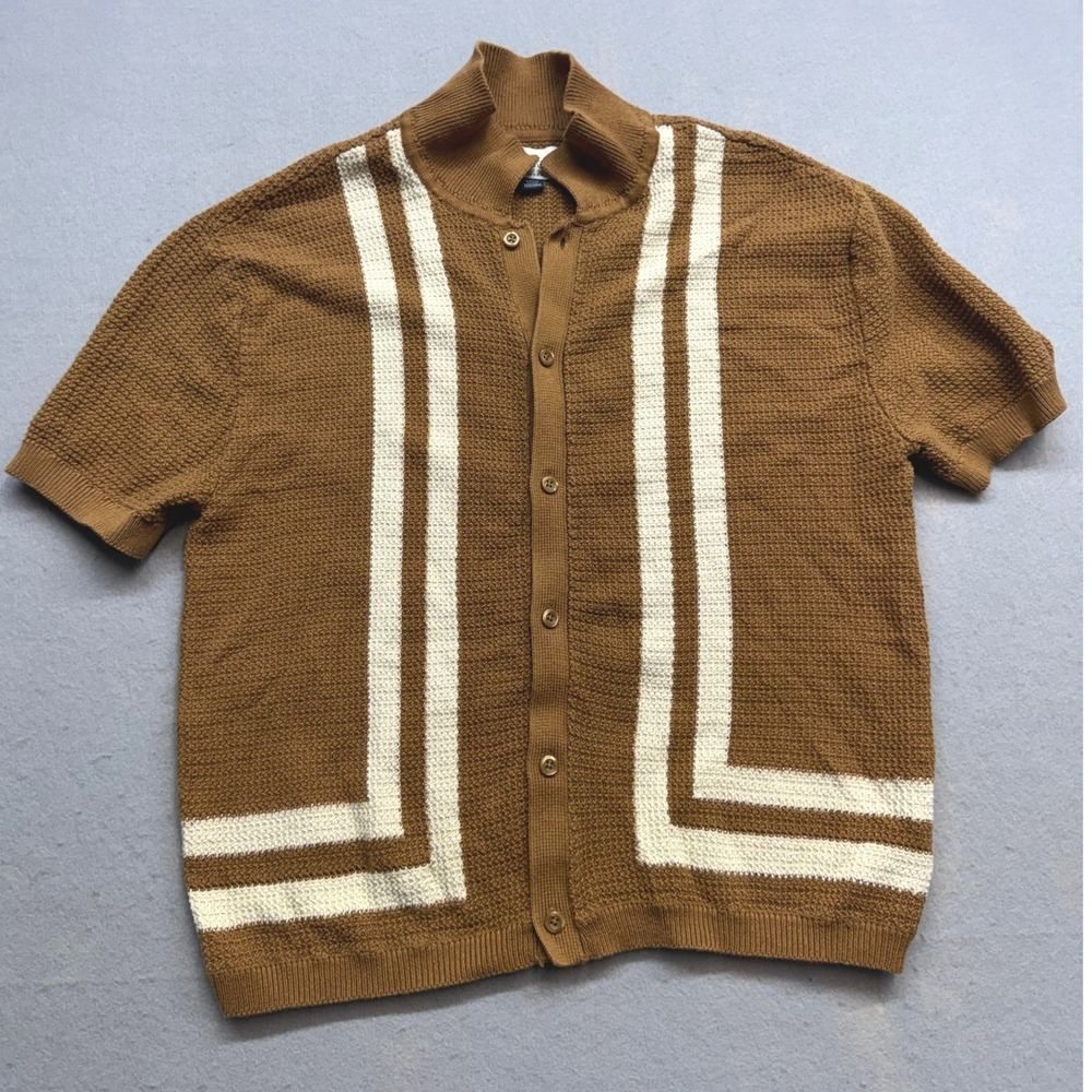 American Eagle Mens Brown Striped Short Sleeve Button Up Cardigan Sweater Small